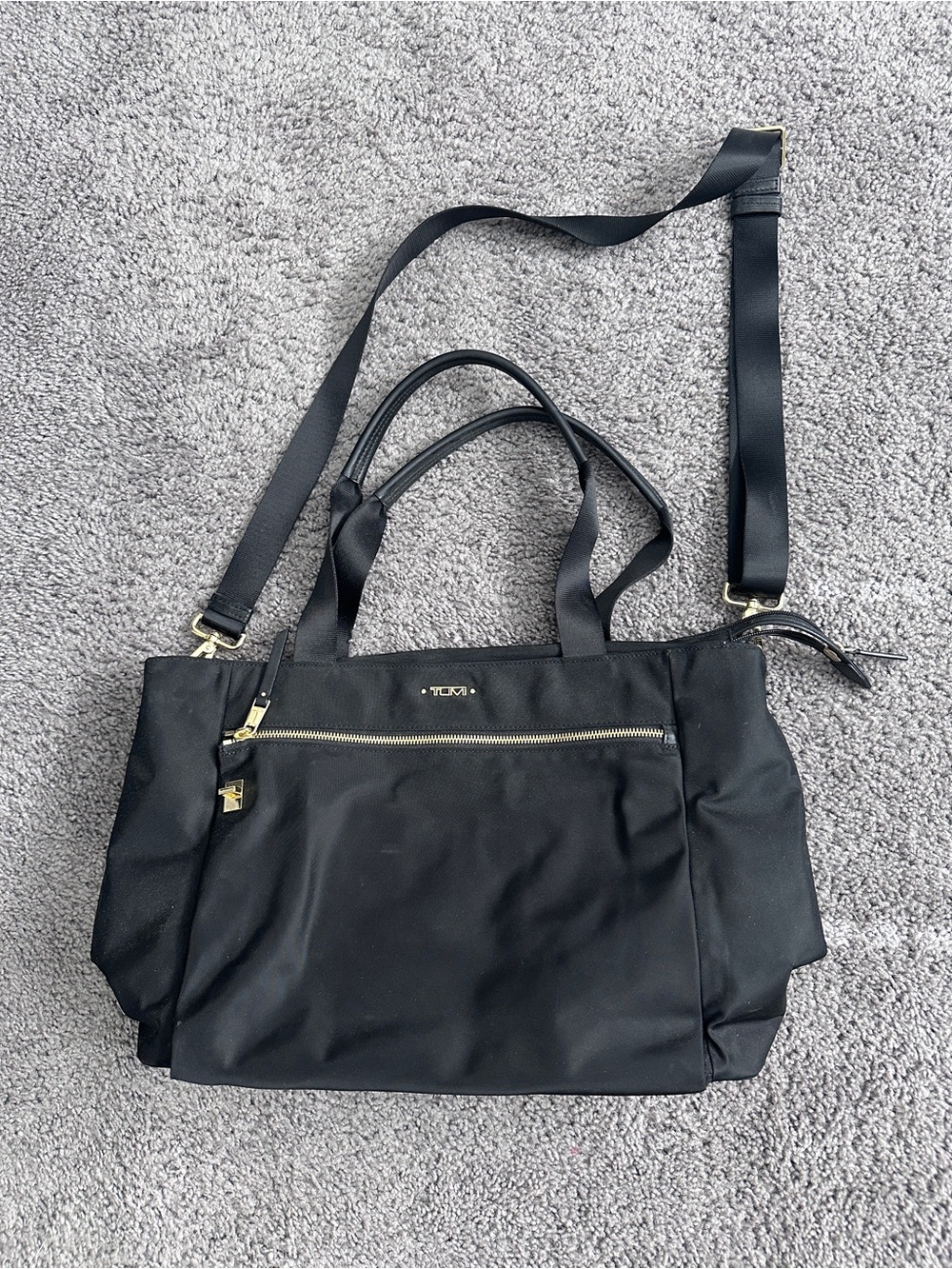 Tumi Black Nylon Tote with Gold Hardware and Adjustable Strap